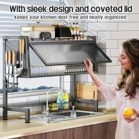 Over the Sink Dish Rack, Adjustable Carbon Steel Kitchen Sink Storage Rack with Utensil Rack, Knife Rack and Cutting Board Rack (size: single layer)